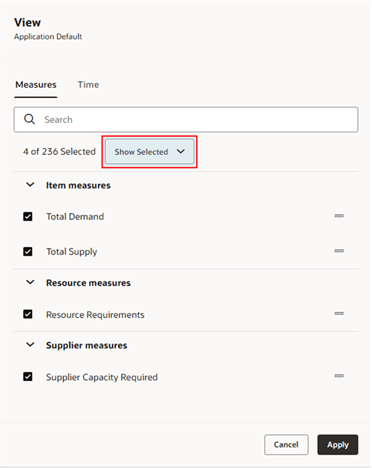 「メジャー」タブが表示されている「ビュー」ドロワー