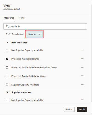 「メジャー」タブでのメジャーの検索と選択