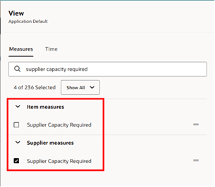 品目ディメンションおよびサプライヤ・ディメンションに準拠するメジャーの表示