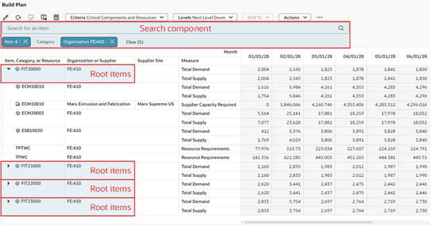 検索コンポーネントでルート品目を選択