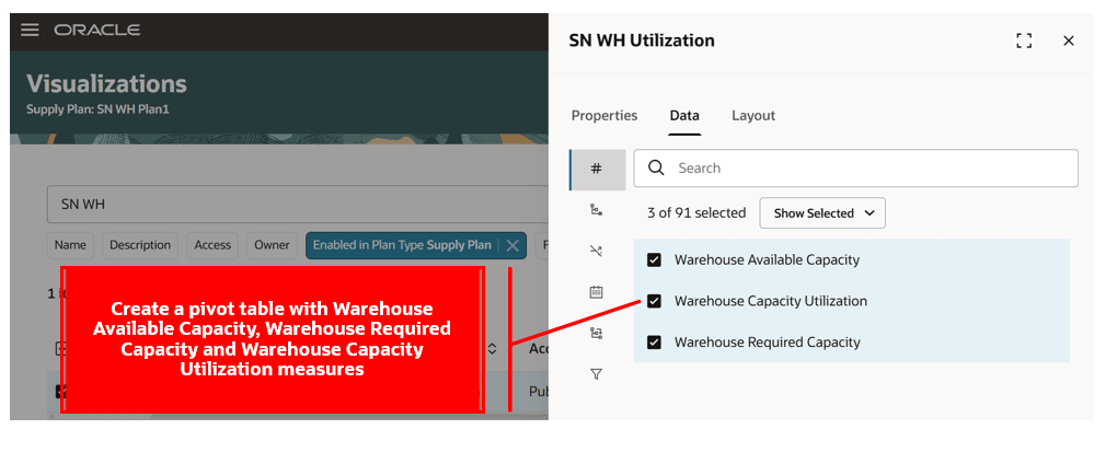 倉庫容量ビジュアライゼーション・メジャーを使用して作成されたピボット表