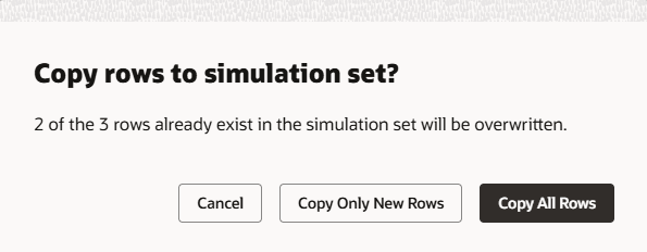 コピーする行がシミュレーション・セットにすでに存在する場合に、プラン内から表示されるメッセージ