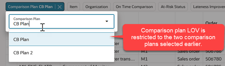 事前選択された2つの比較計画を示す比較計画フィルタ・チップ