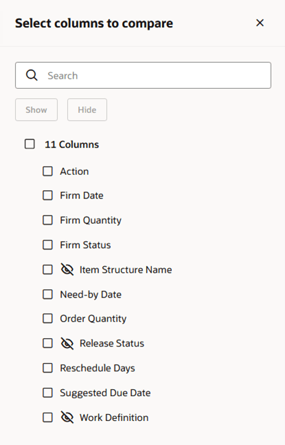 変更済供給 - ドロワーを比較する列の選択