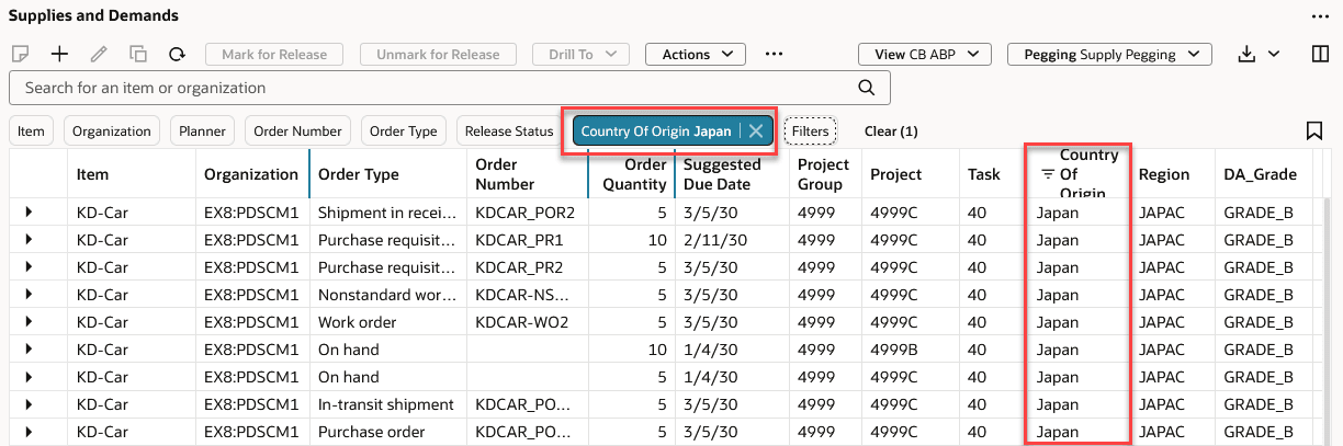 プランニング属性でフィルタされた供給および需要