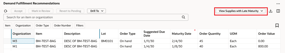 遅延満期供給の表示