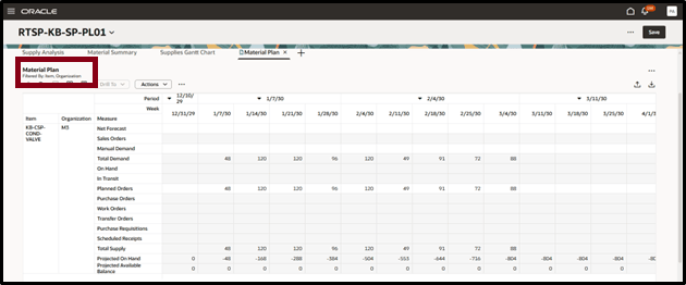 供給ガント・チャートから資材計画へのドリル
