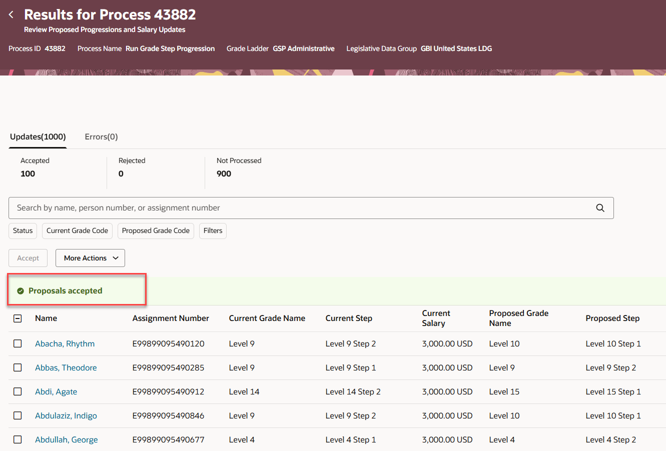 提案受理済メッセージが表示された提示昇格および給与更新のレビュー・ページ