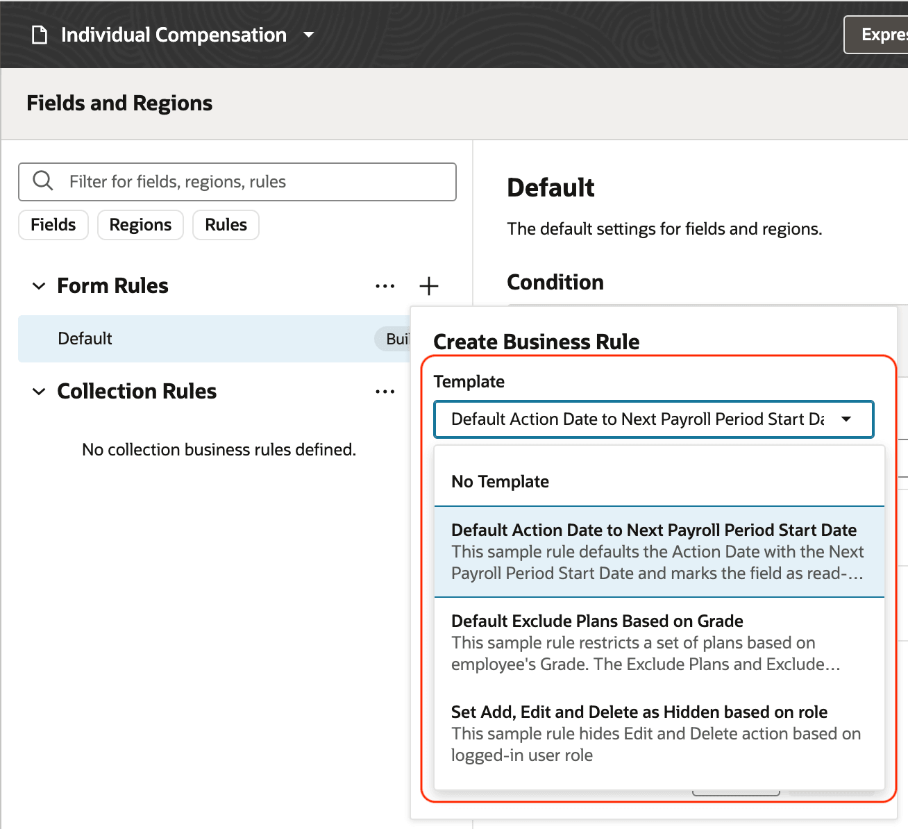 ビジネス・ルールの作成中にテンプレートを選択