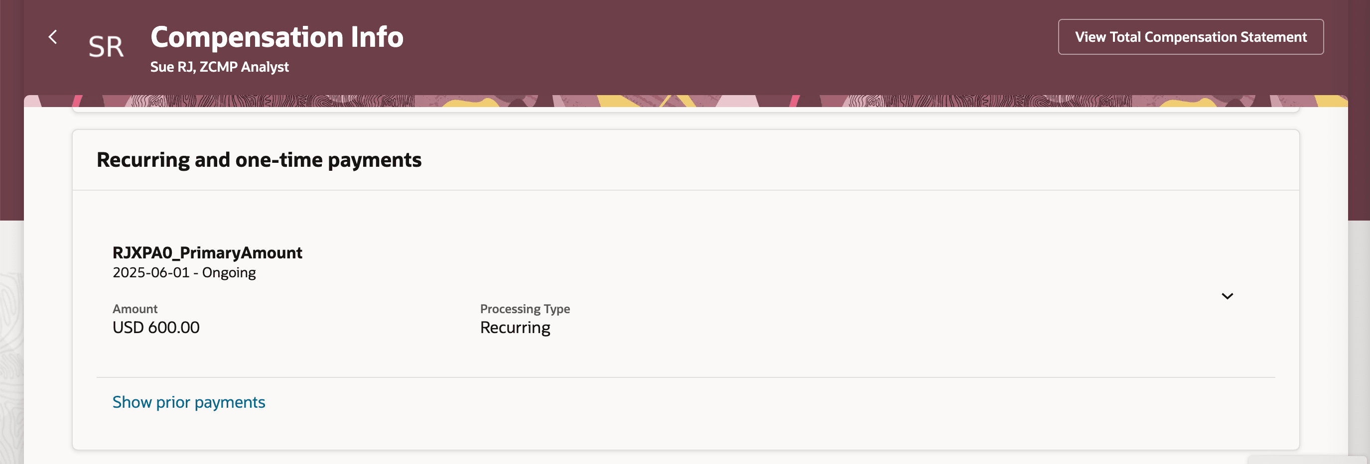 「前回の支払の表示」リンクがある「固定支払および1回支払」セクション