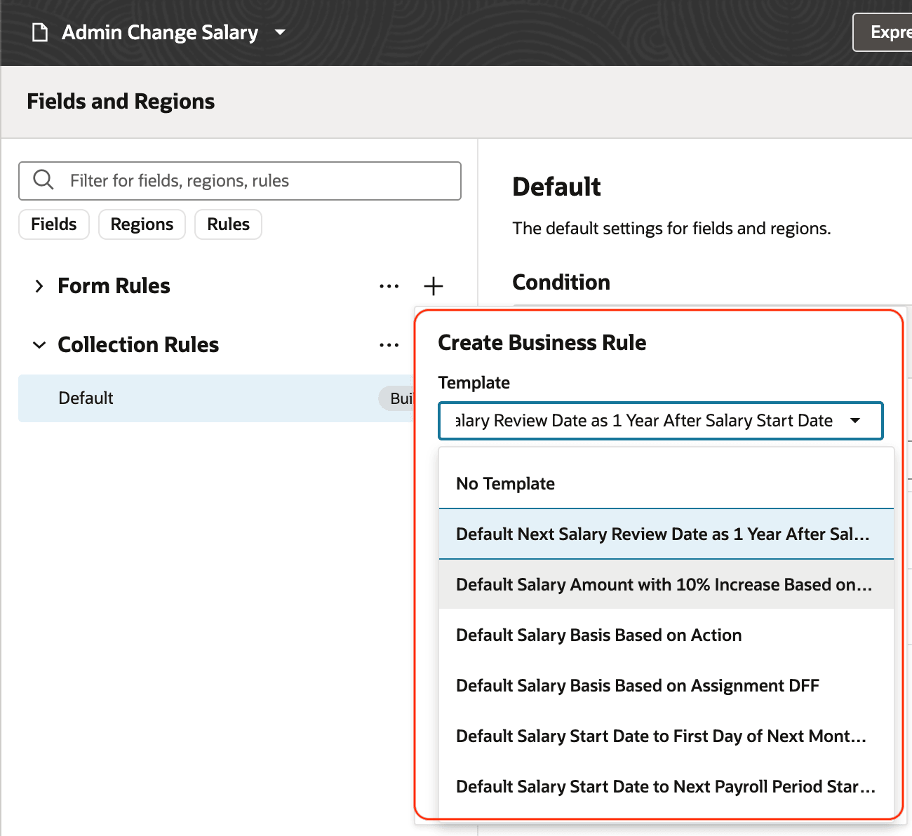 ビジネス・ルールの作成中にテンプレートを選択