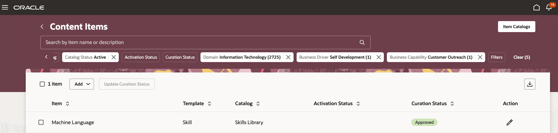 ドメイン「情報テクノロジ」、ビジネス・ドライバ「自己開発」およびビジネス機能「顧客アウトリーチ」に基づいてフィルタされたコンテンツ項目の例