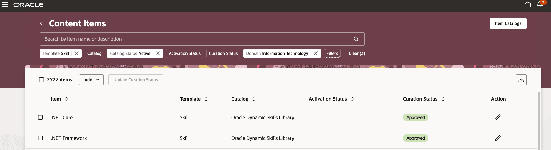 ドメイン「情報テクノロジ」に基づいてフィルタされたコンテンツ項目の例