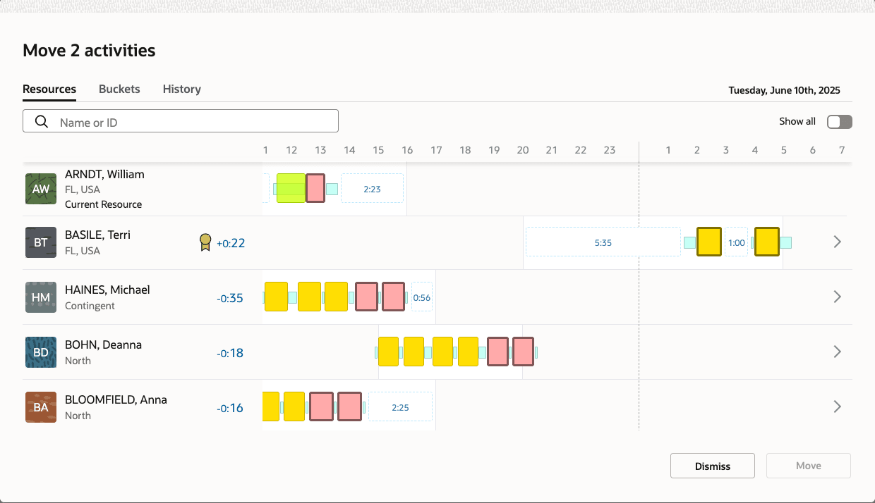 このスクリーンショットは、2つのアクティビティが移動される「割当アシスタント」ページを示しています。