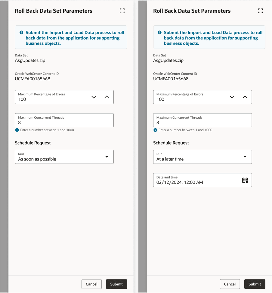 データ・セット・パラメータのロールバック