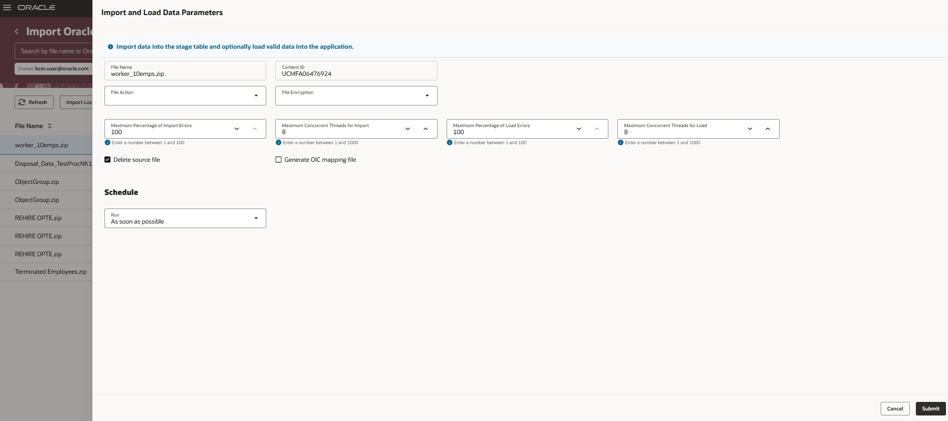 データのインポートおよびロード・パラメータ