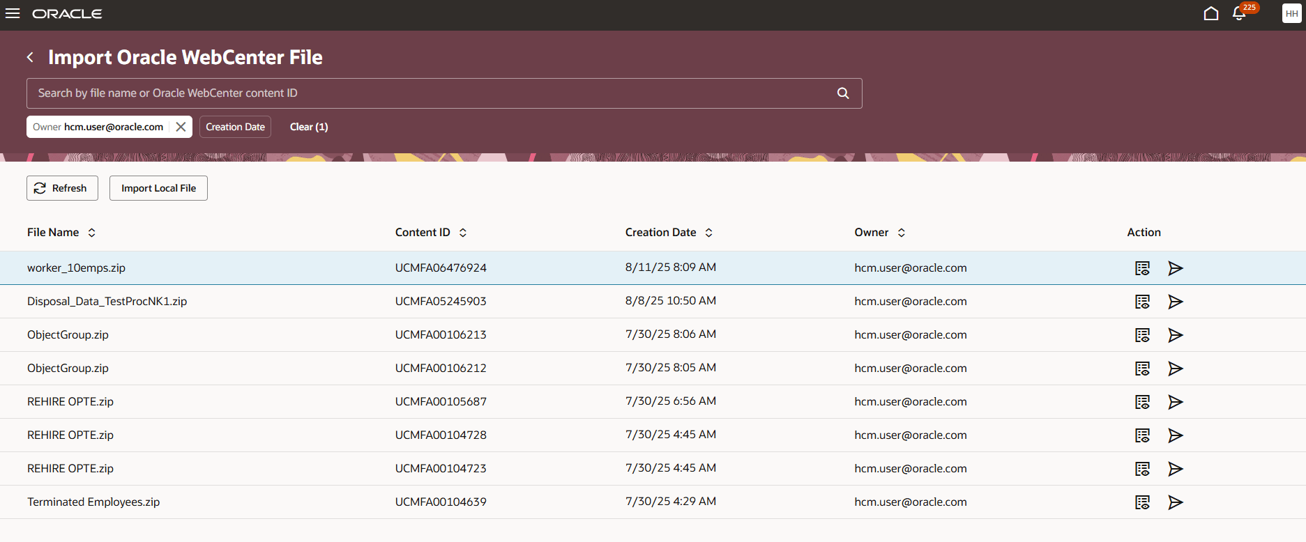 Oracle WebCenterファイルのインポート