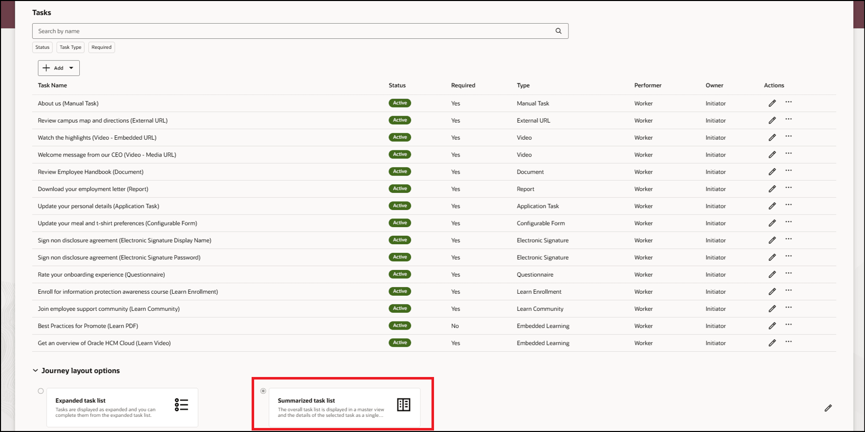 「要約されたタスク・リスト」オプションの選択