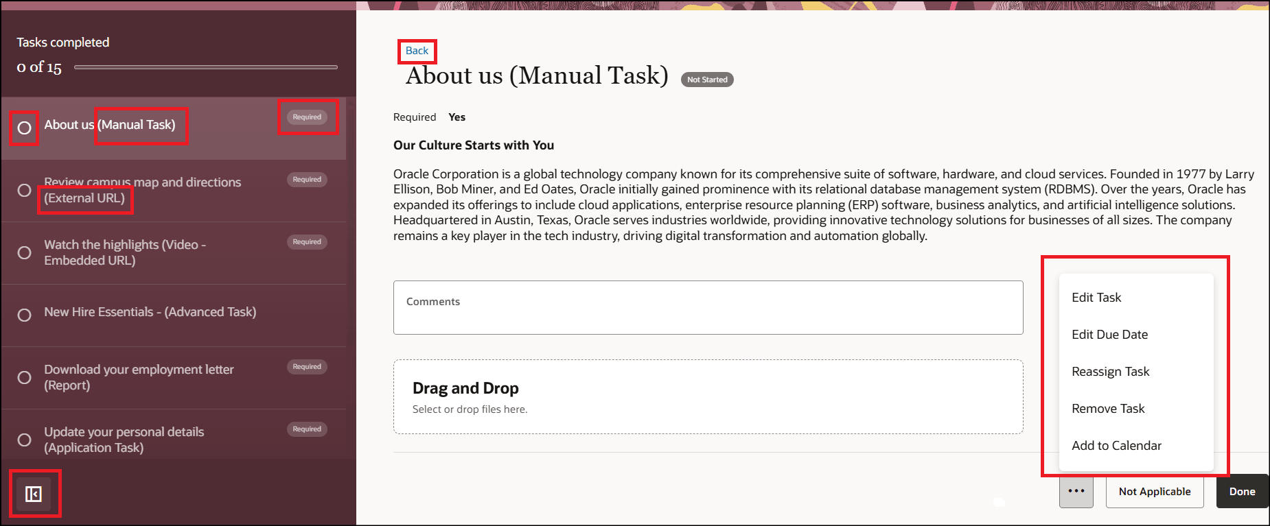 ステータスとともにリストされたタスク