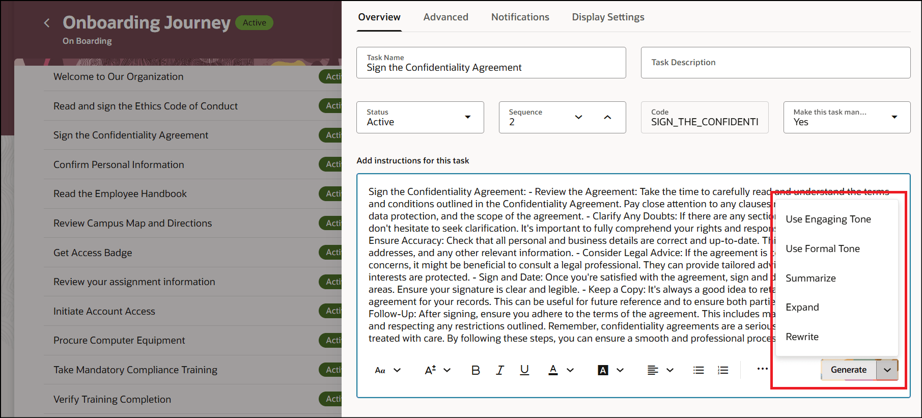 既存の指示および使用可能なオプションに基づく生成済AIテキスト