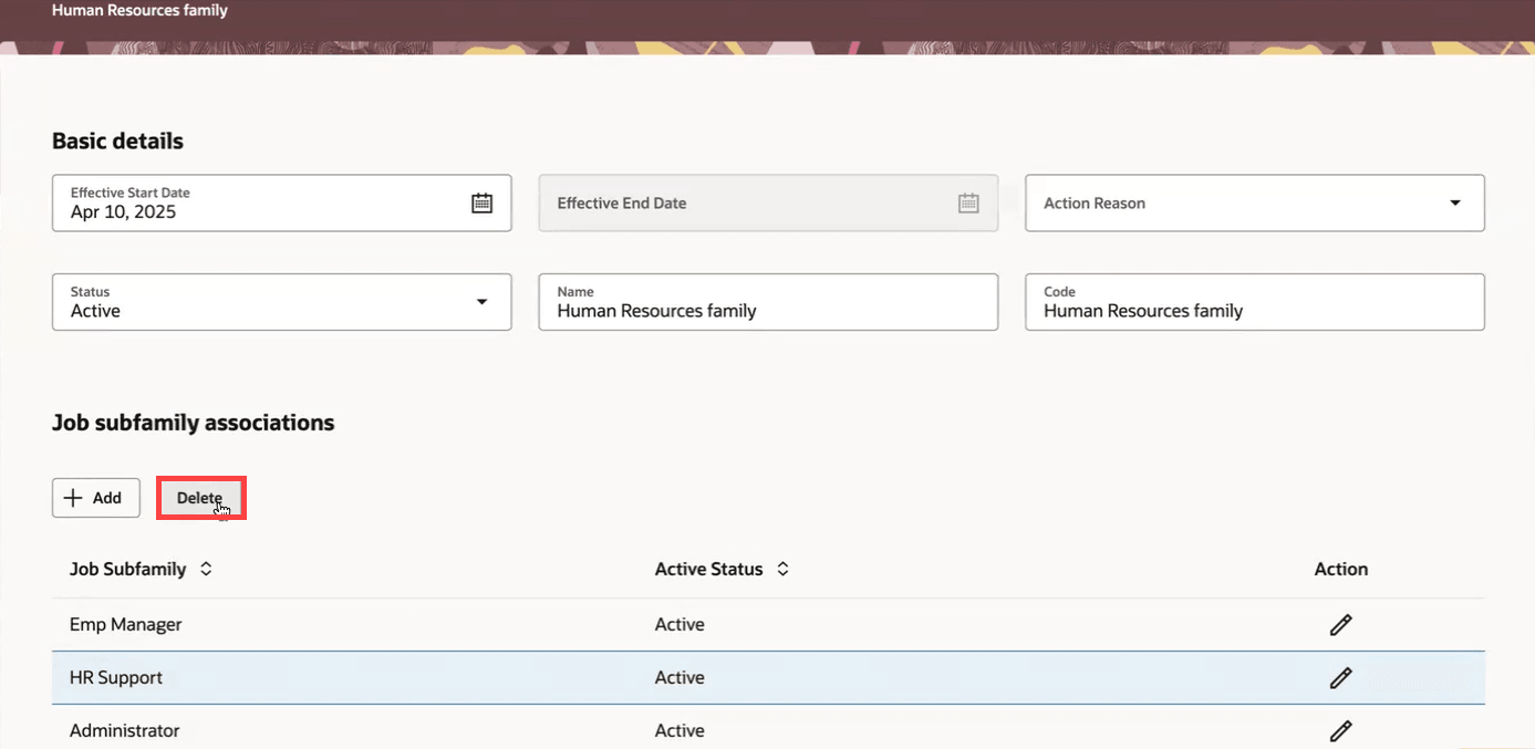 ジョブ・サブファミリ関連付けの削除