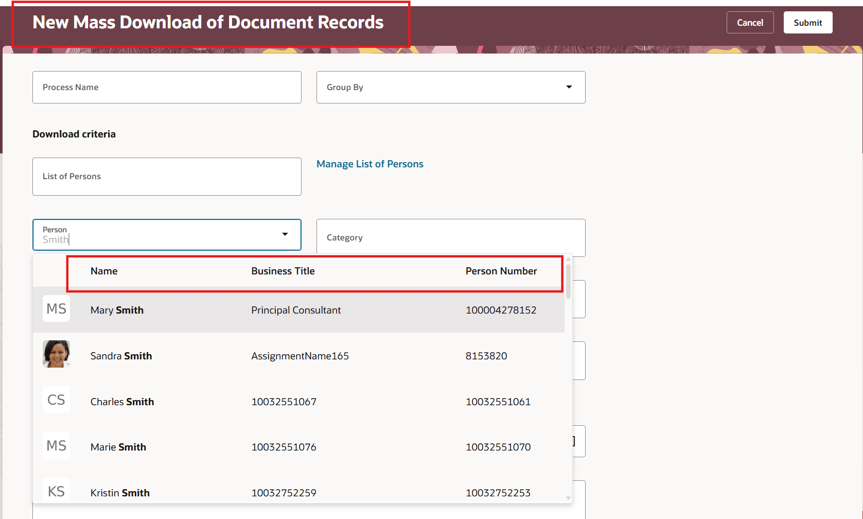文書レコードの一括ダウンロード・ページの就業者loV