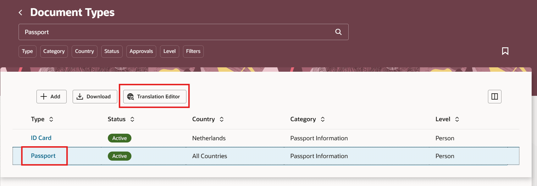 Redwoodの「文書タイプ」ページの翻訳エディタ
