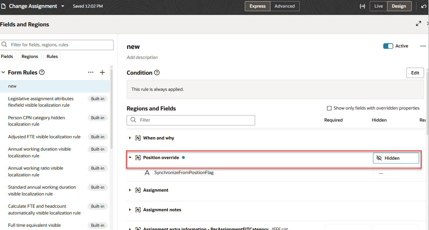 Redwoodの「アサイメントの変更」プロセスの「ポジション上書き」ステップの価格設定の非表示