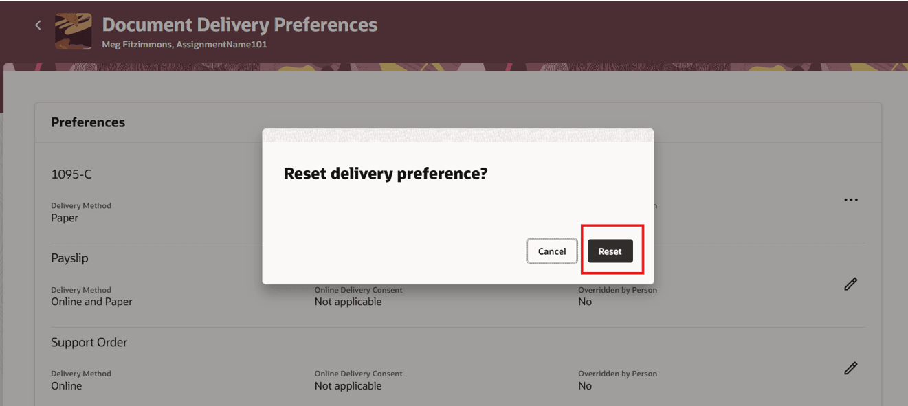 文書提供プリファレンスのリセットに関する確認メッセージ