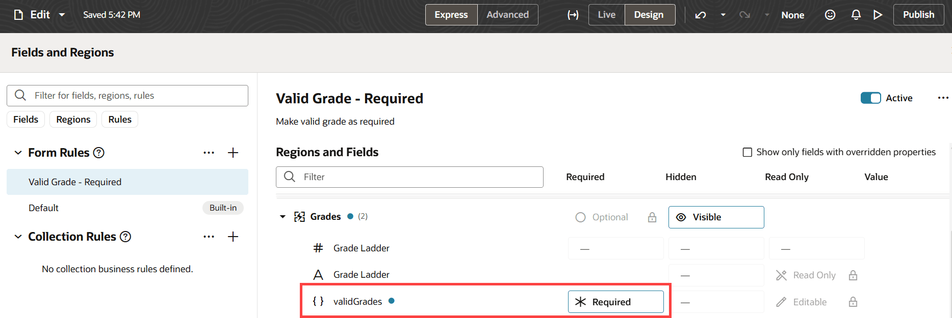 VB Studioビジネス・ルールで「必須」に設定された有効な等級