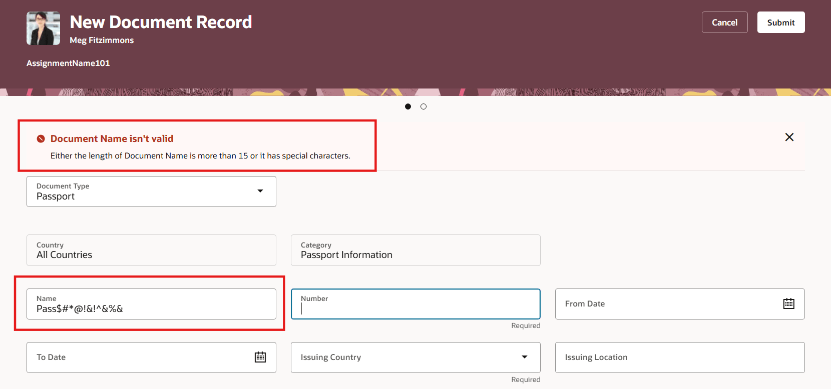 不正な文書名に対して表示される検証エラー・メッセージ