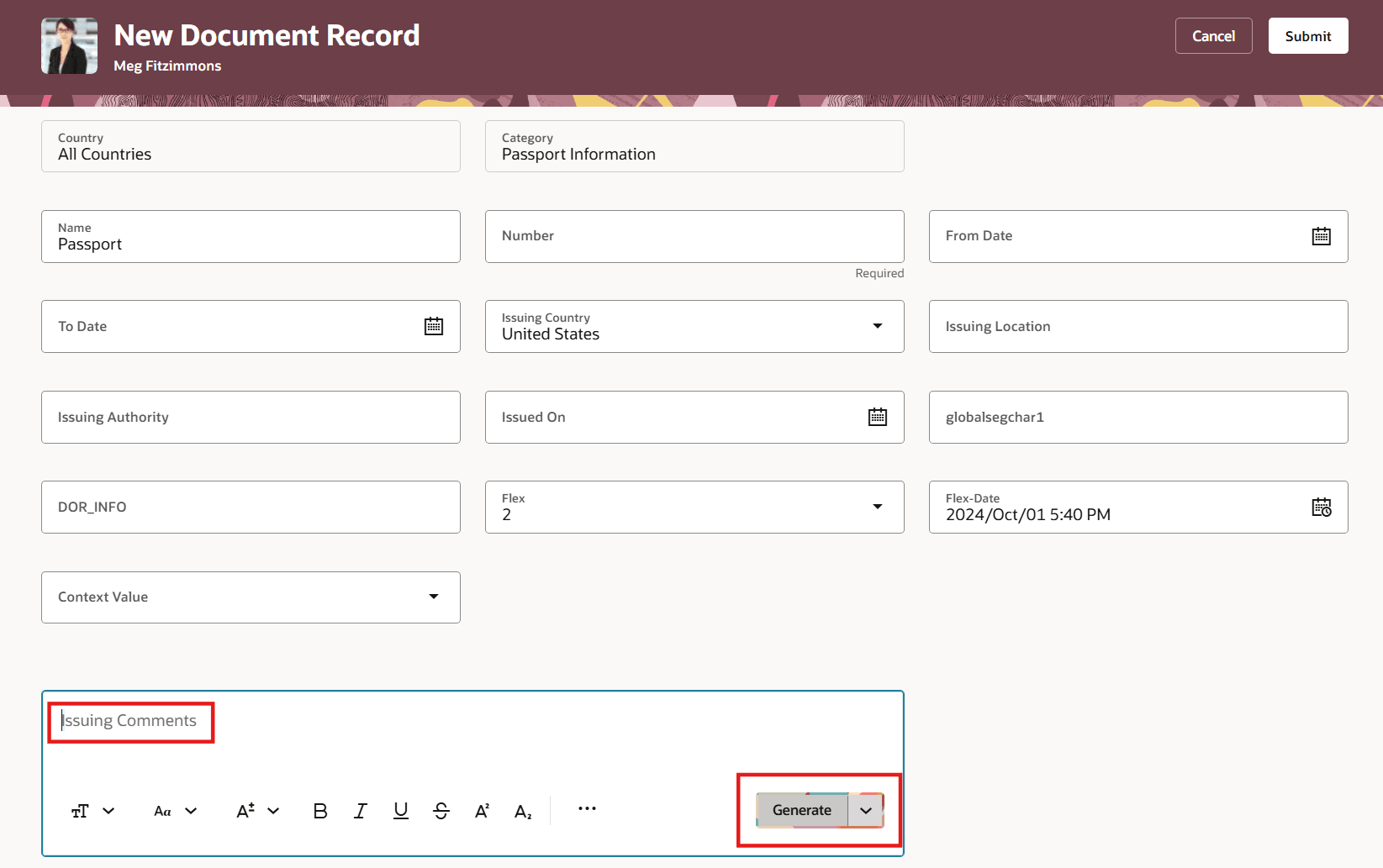 「発行コメント」フィールドに表示される「生成」ボタン