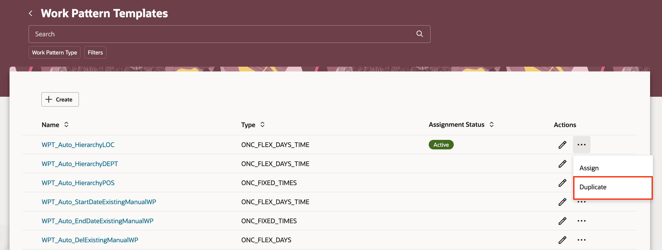 勤務パターン・テンプレート・リストからの勤務パターン・テンプレートの複製