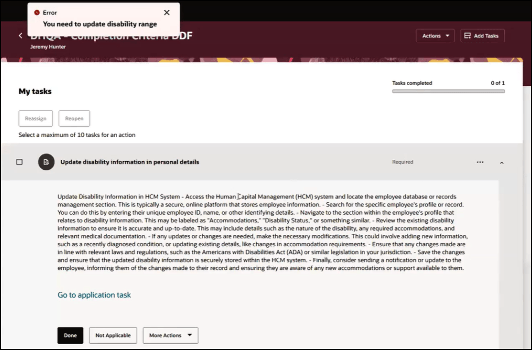 構成済ルールに基づいてタスクに表示されたエラー
