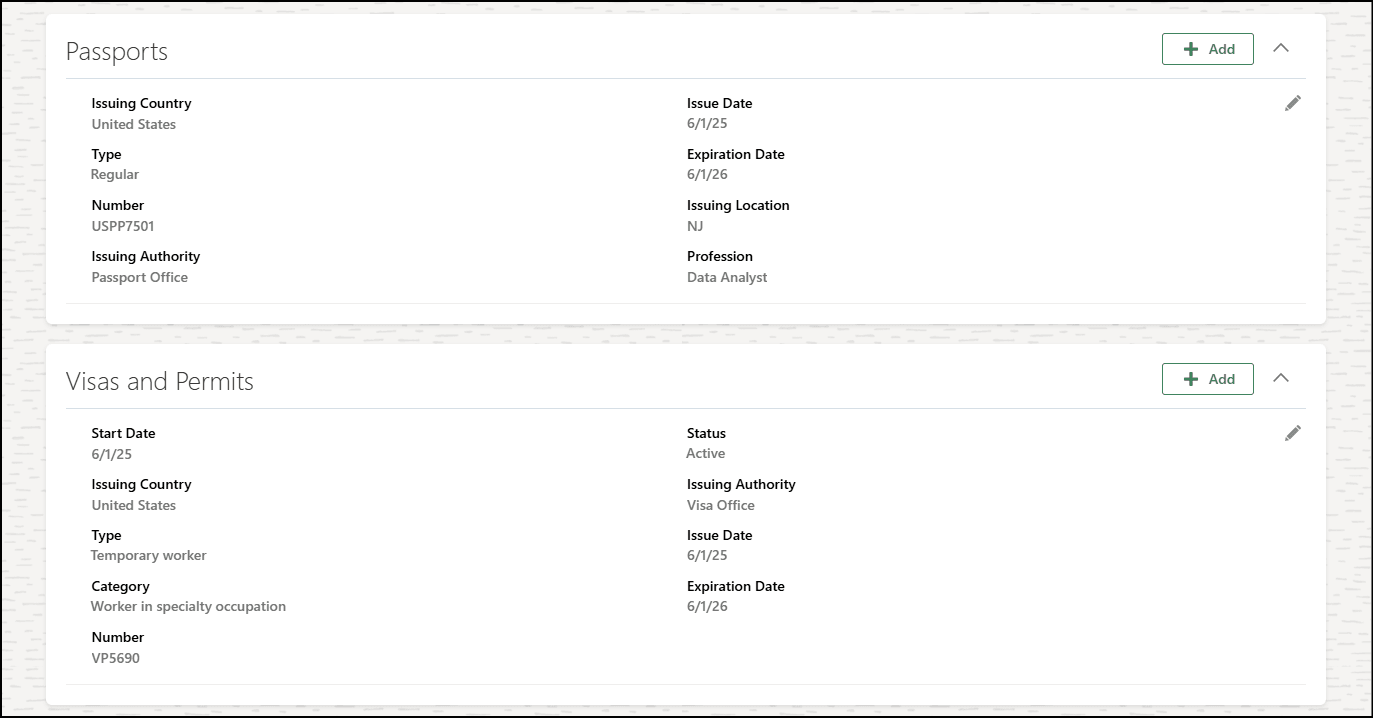パスポートおよびVisaおよび許可のビジネス・ルールに従って入力される値