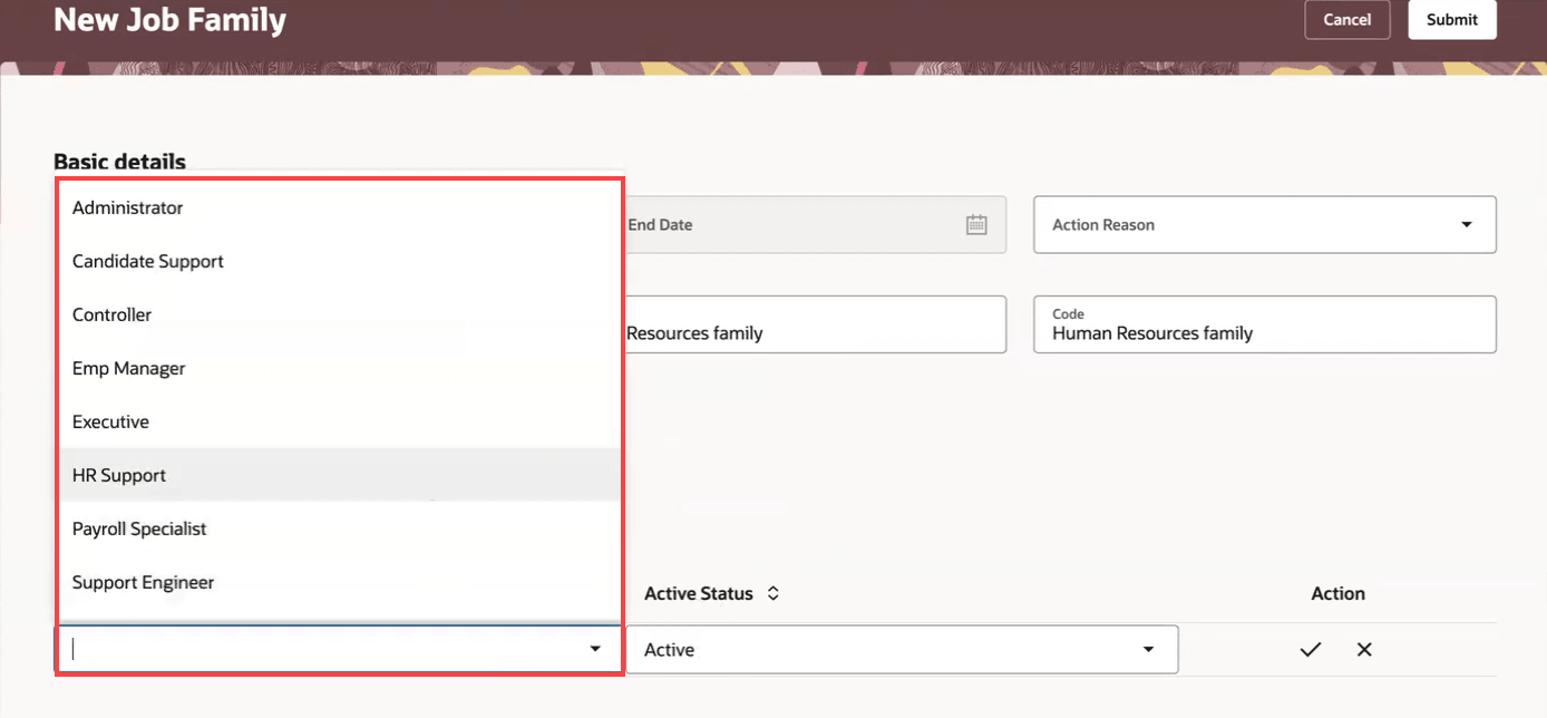 ジョブ・サブファミリ値リストからジョブ・サブファミリを選択