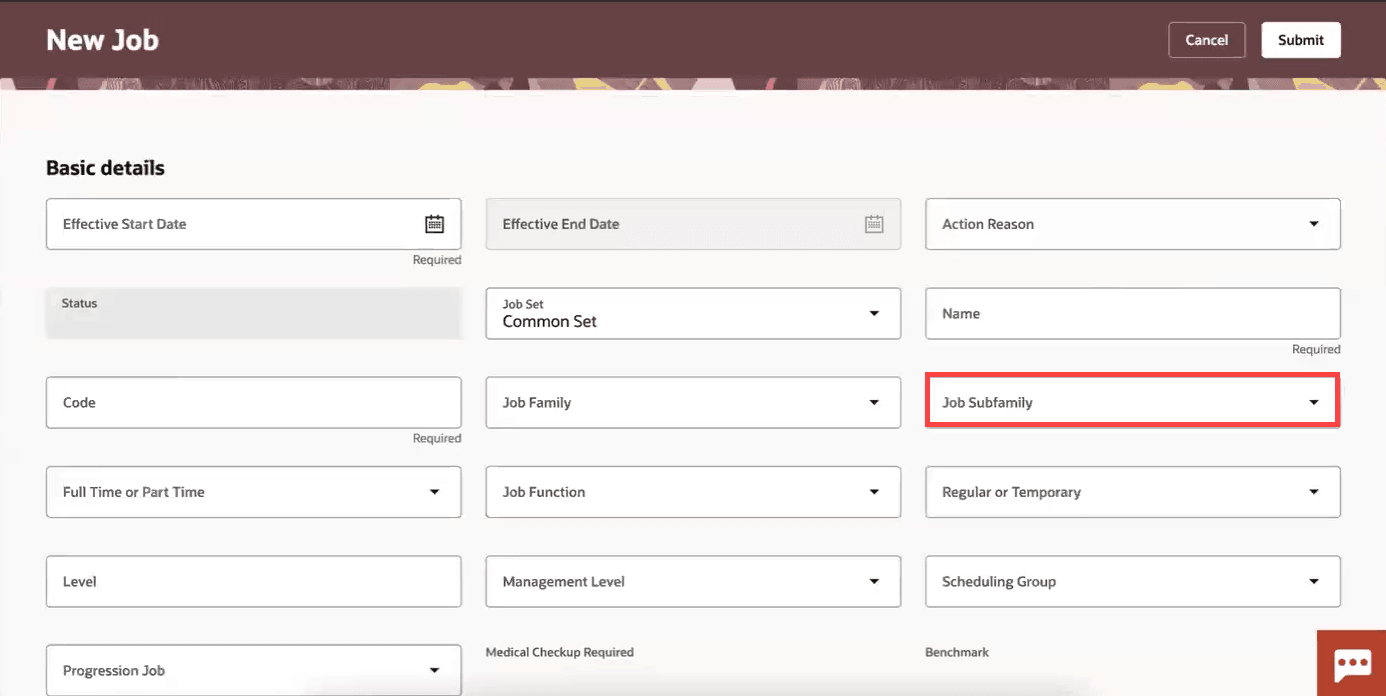 「新規ジョブ」ページに追加されたジョブ・サブファミリ値リスト