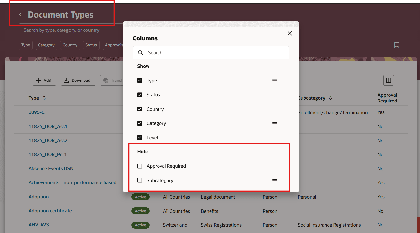 文書タイプ・ページのカスタマイズされた列セレクタ