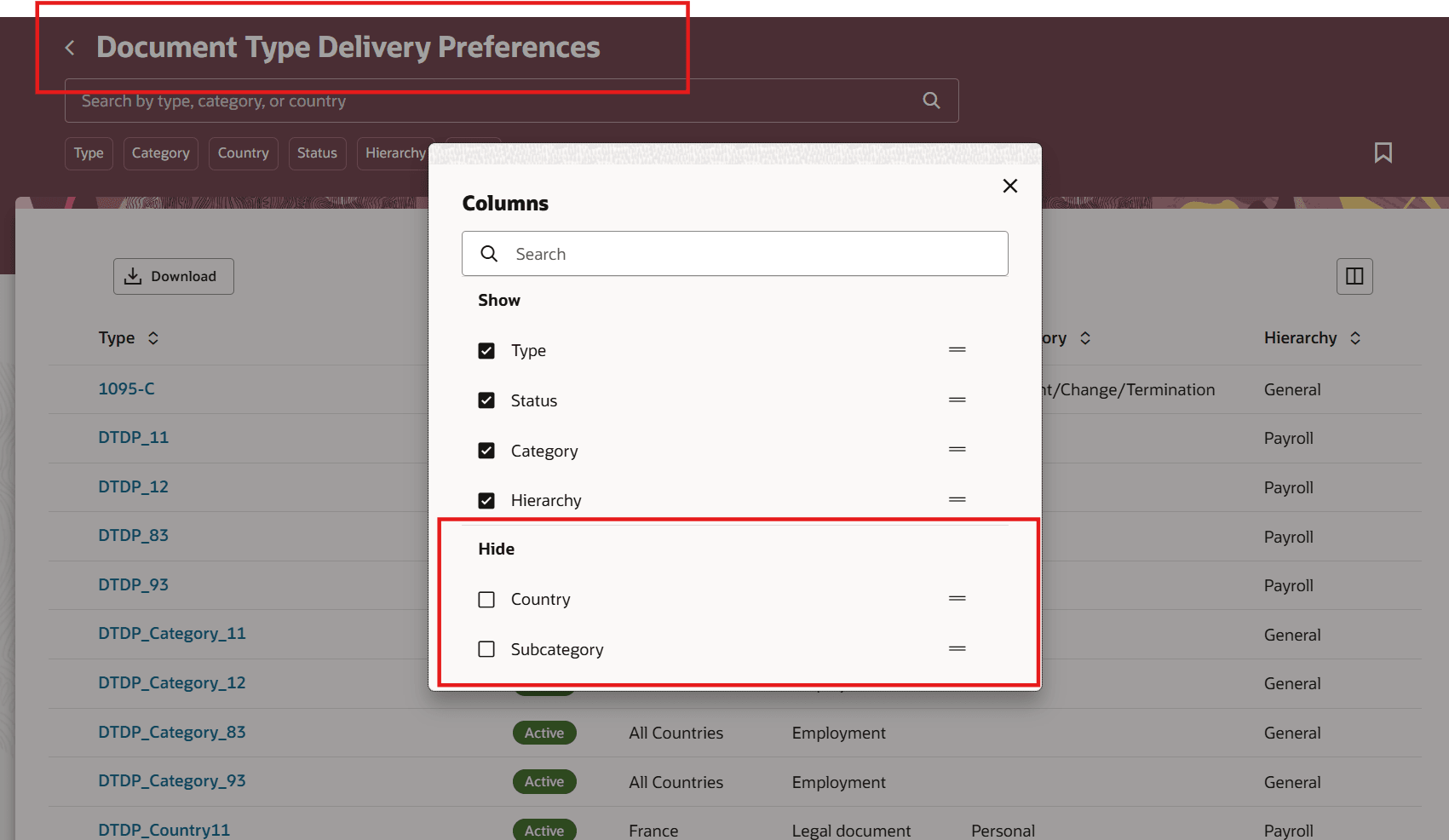 文書タイプ提供プリファレンス・ページのカスタマイズされた列セレクタ