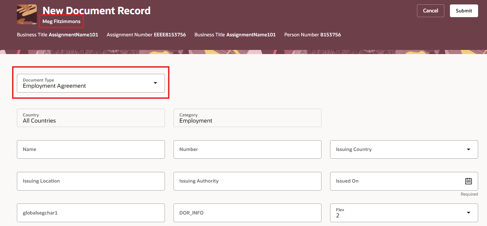 Redwoodの「文書レコード」ページに適用される上書き済プロパティ
