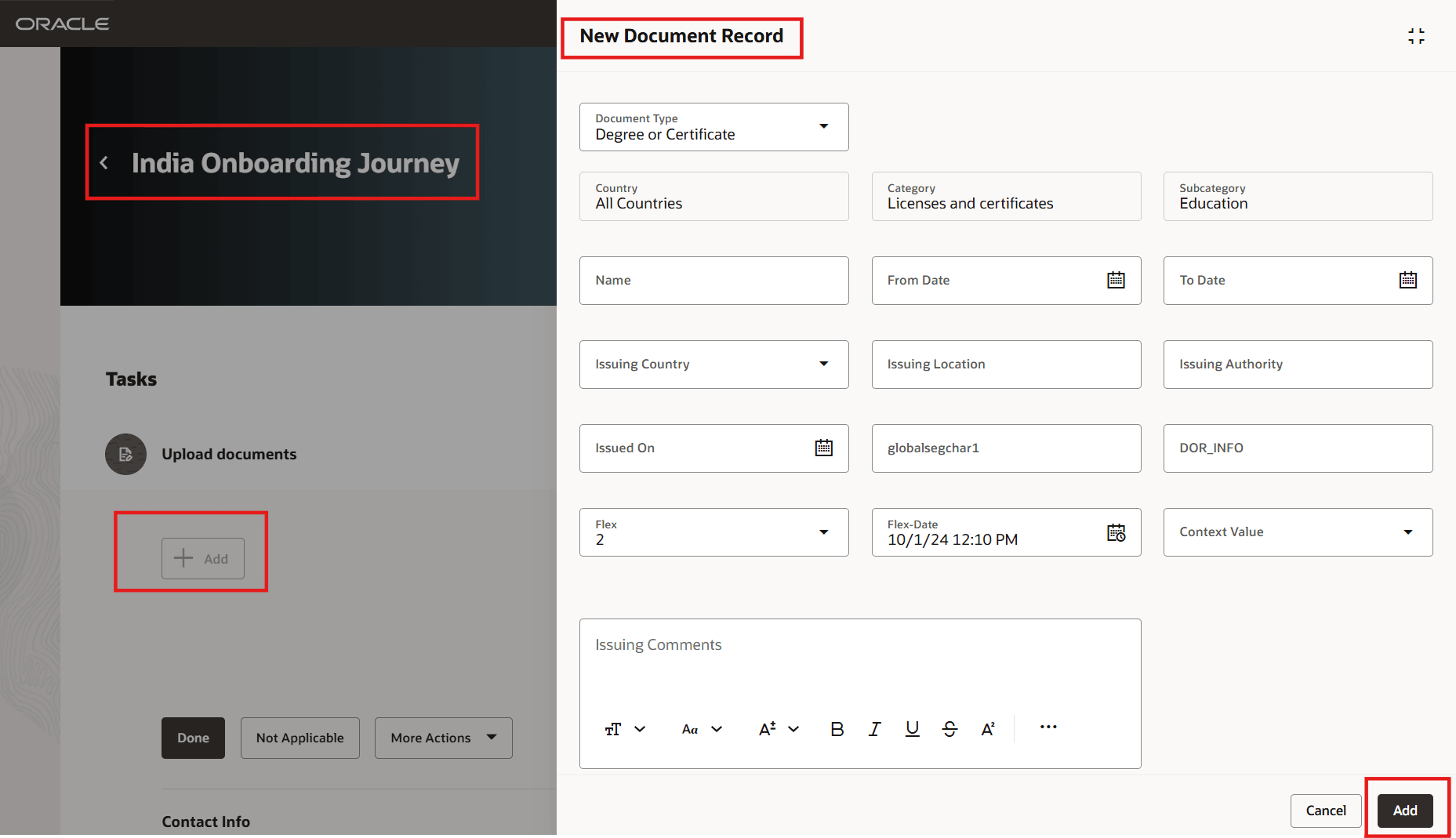 ジャーニ埋込みアプリケーション・タスクのパネル・ドロワーでの文書レコードの追加