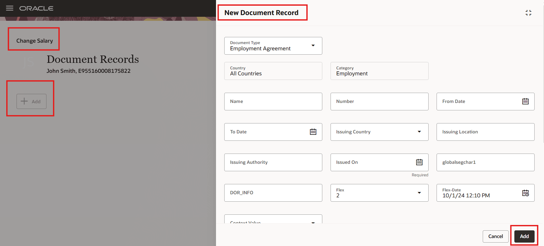 「給与の変更」フローのパネル・ドロワーでの文書レコードの追加