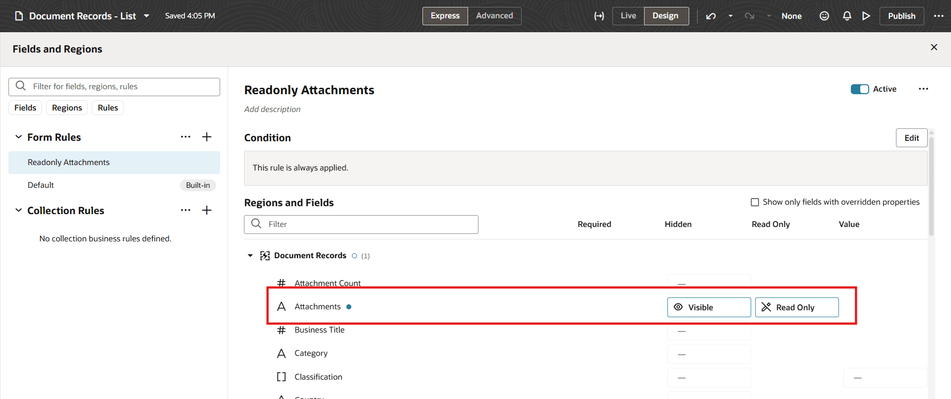 ビジネス・ルールを使用して読取り専用に設定された添付セクション
