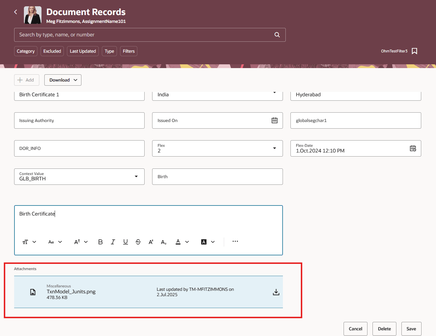 Redwoodの「文書レコード」ページの「添付」セクション読取り専用