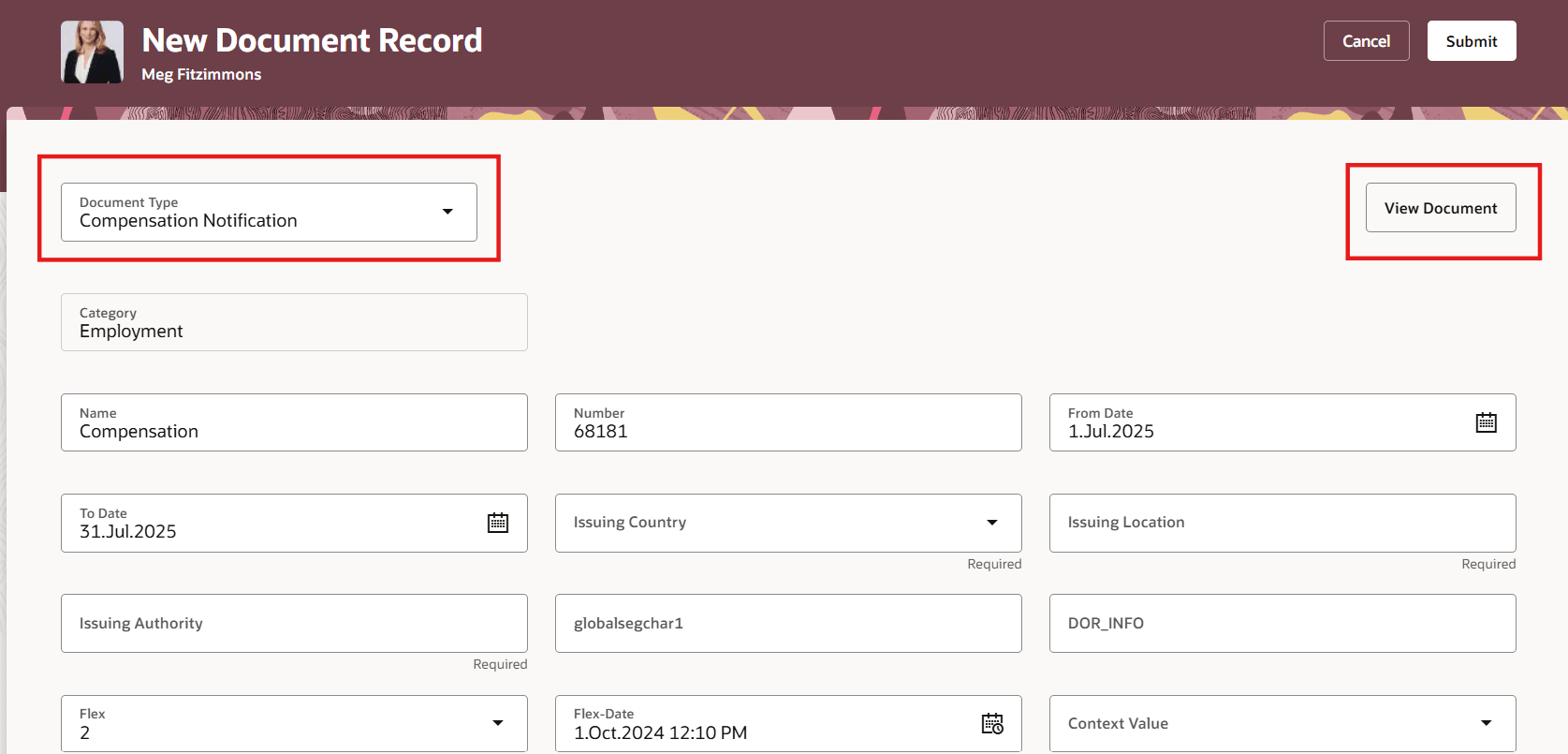 新規文書レコード・ページの「文書の表示」ボタン