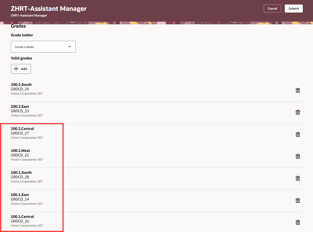 ジョブに関連付けられた有効な等級(過去5等級)