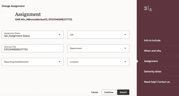 アサイメント・ステータスは、「時期および事由」で指定された処理からデフォルト設定されます