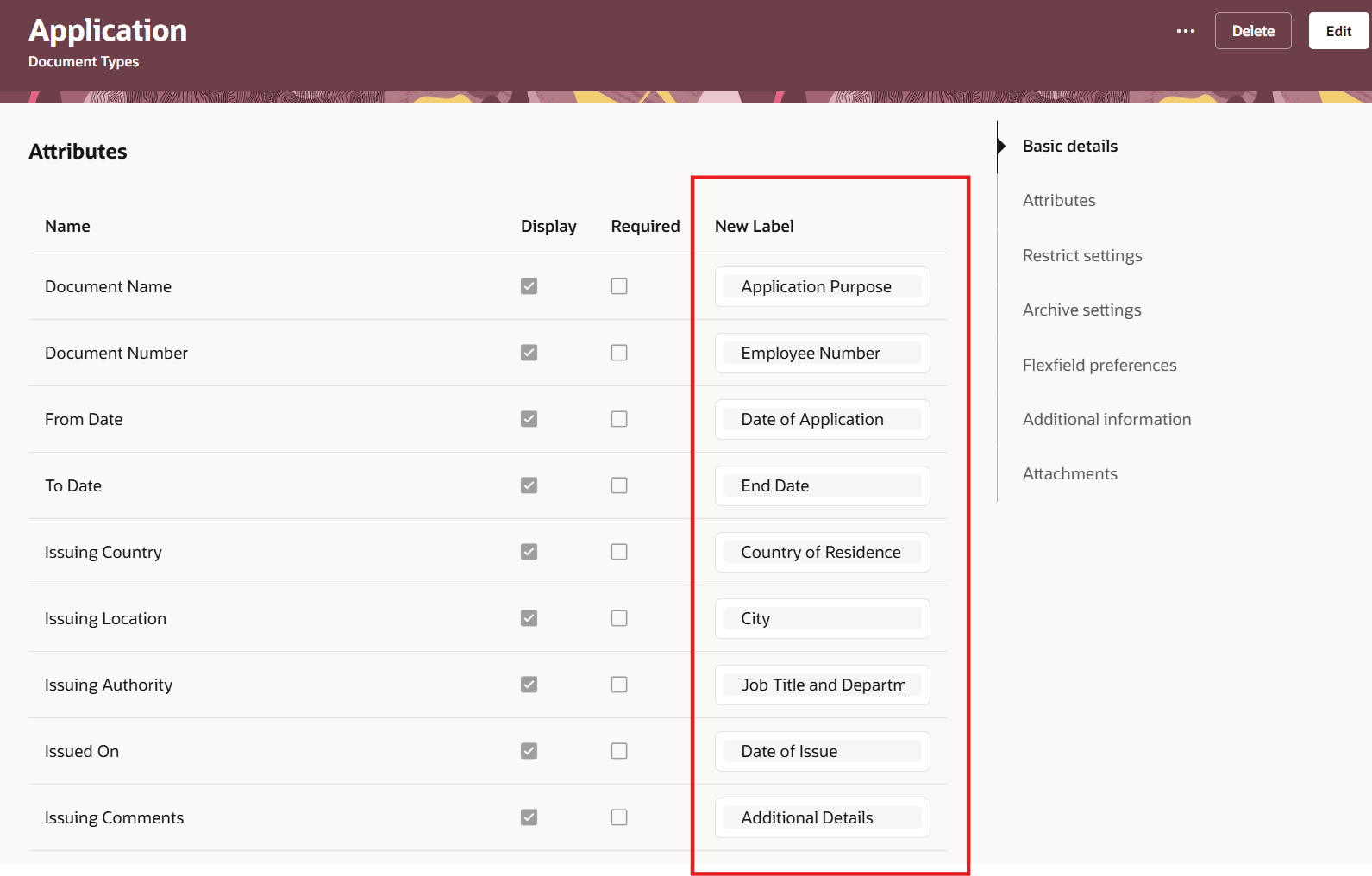 アプリケーション文書タイプに関する構成済ユーザー定義ラベル