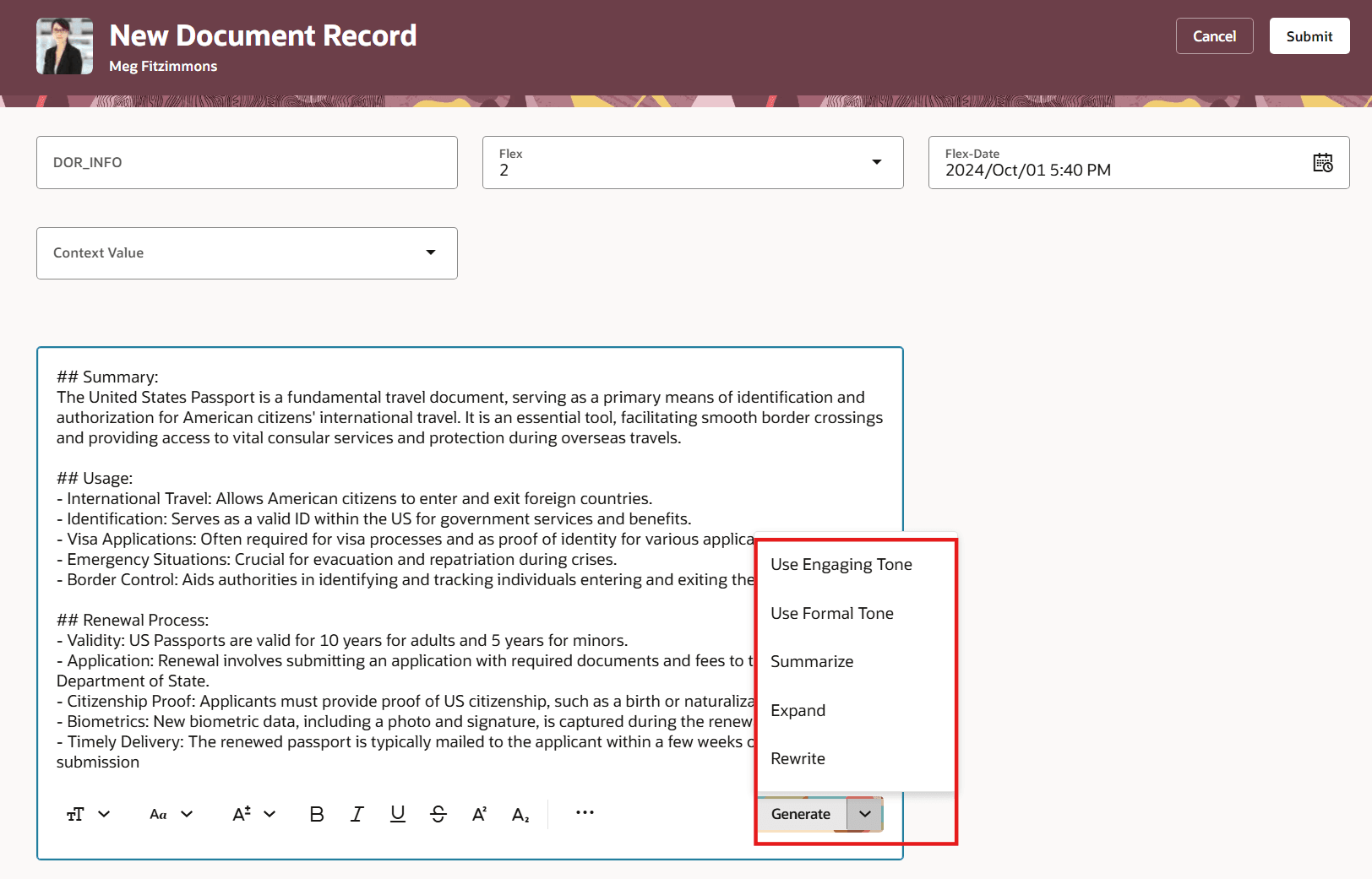 発行コメントを生成するためのトーンおよび長さのオプション
