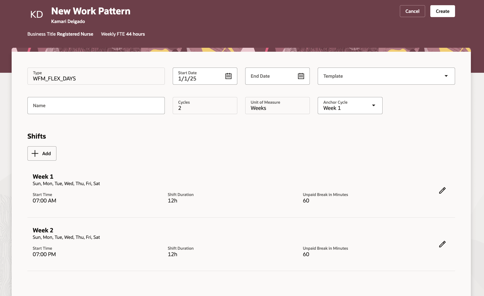 複数の週およびシフトにおける勤務パターンの柔軟な日数